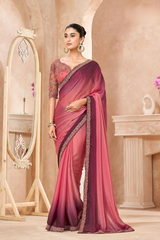 Wine Pink Satin Silk Saree Heavy Embroidered Blouse Designer Border