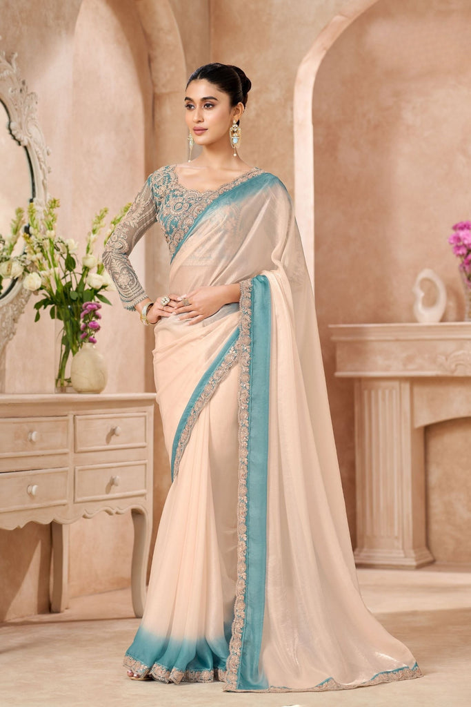 Ivory Teal Embroidered Georgette Saree with Designer Blouse