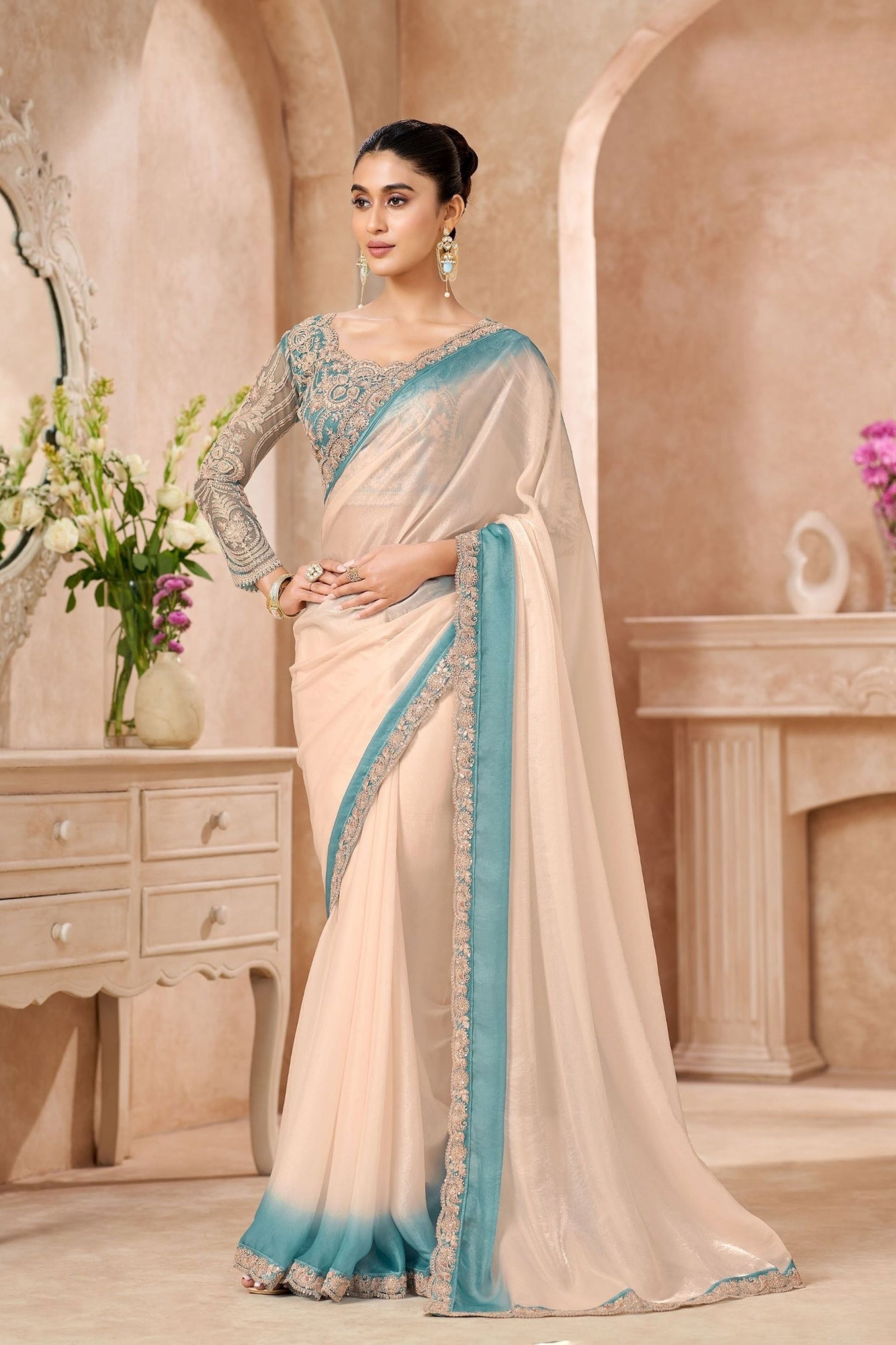  Ivory Teal Embroidered Georgette Saree with Designer Blouse