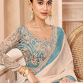 Ivory Teal Embroidered Georgette Saree with Designer Blouse