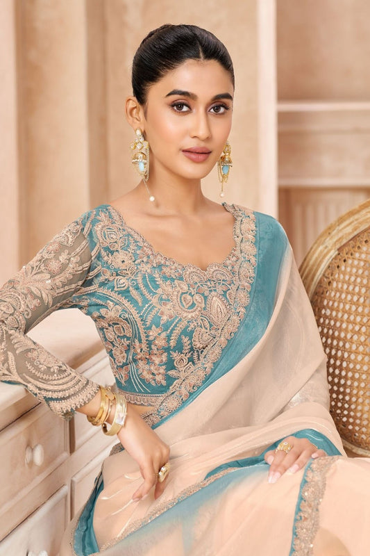Ivory Teal Embroidered Georgette Saree with Designer Blouse