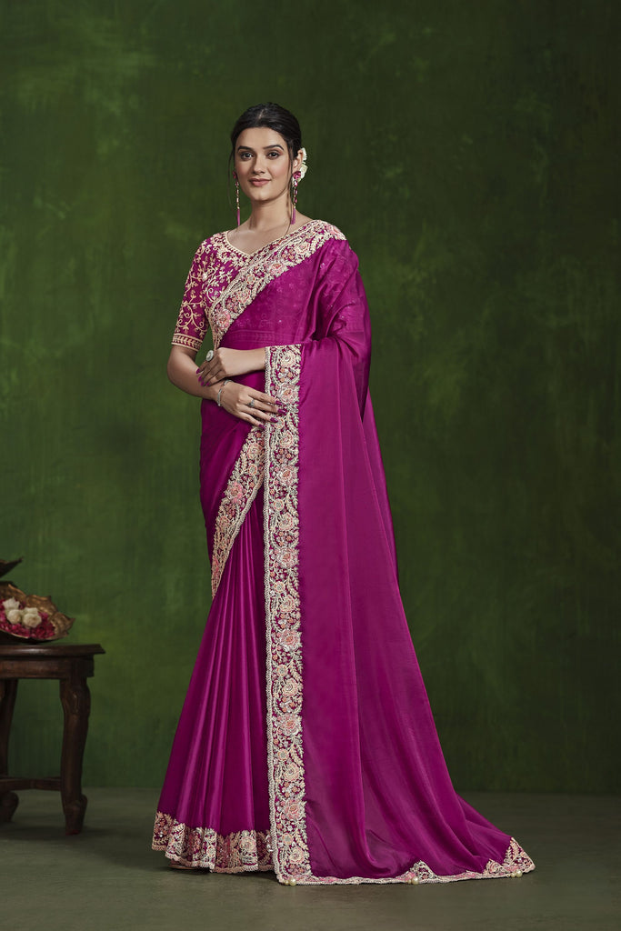 Designer Magenta Silk Saree Heavy Embroidered Border and Blouse