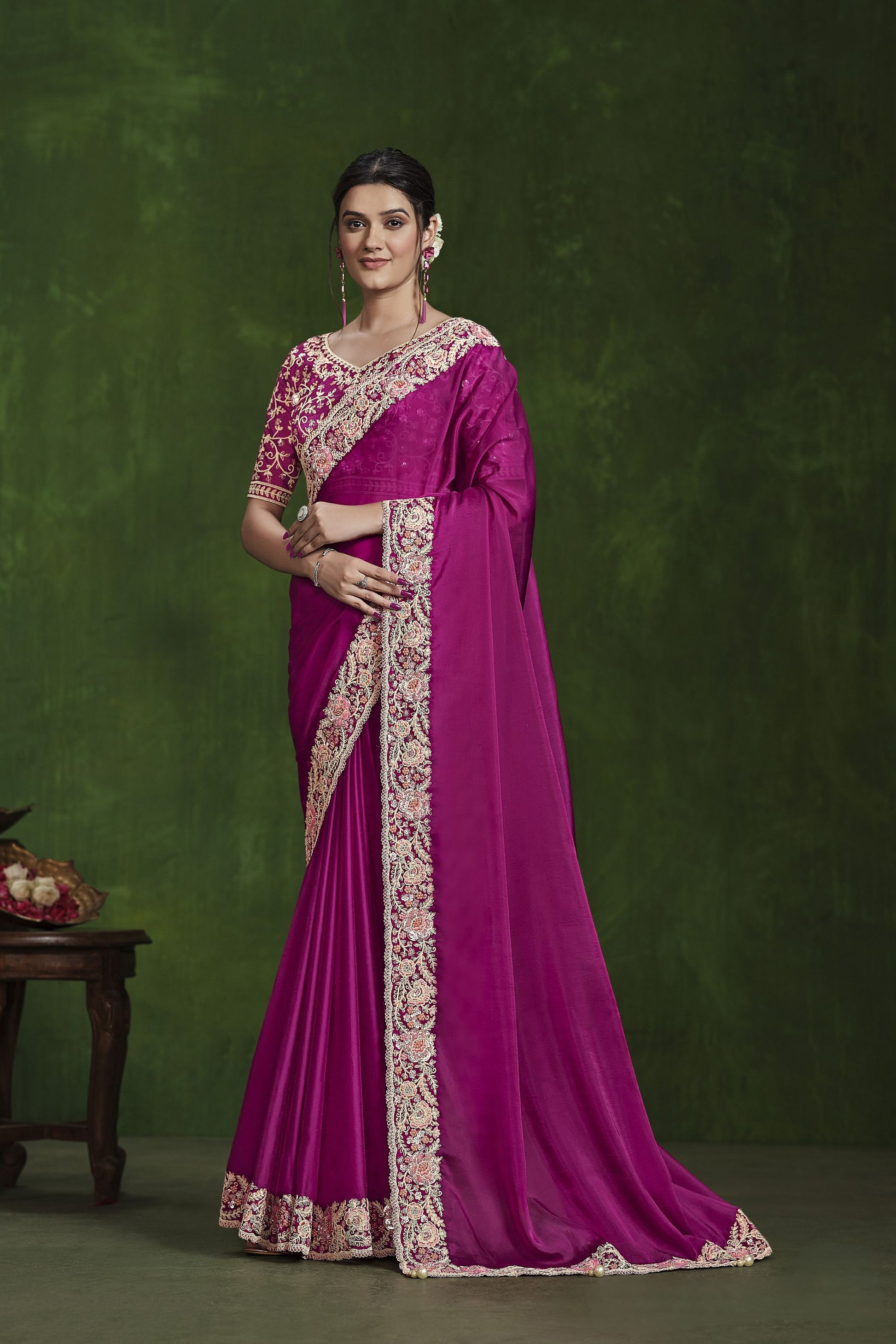 Designer Magenta Silk Saree Heavy Embroidered Border and Blouse