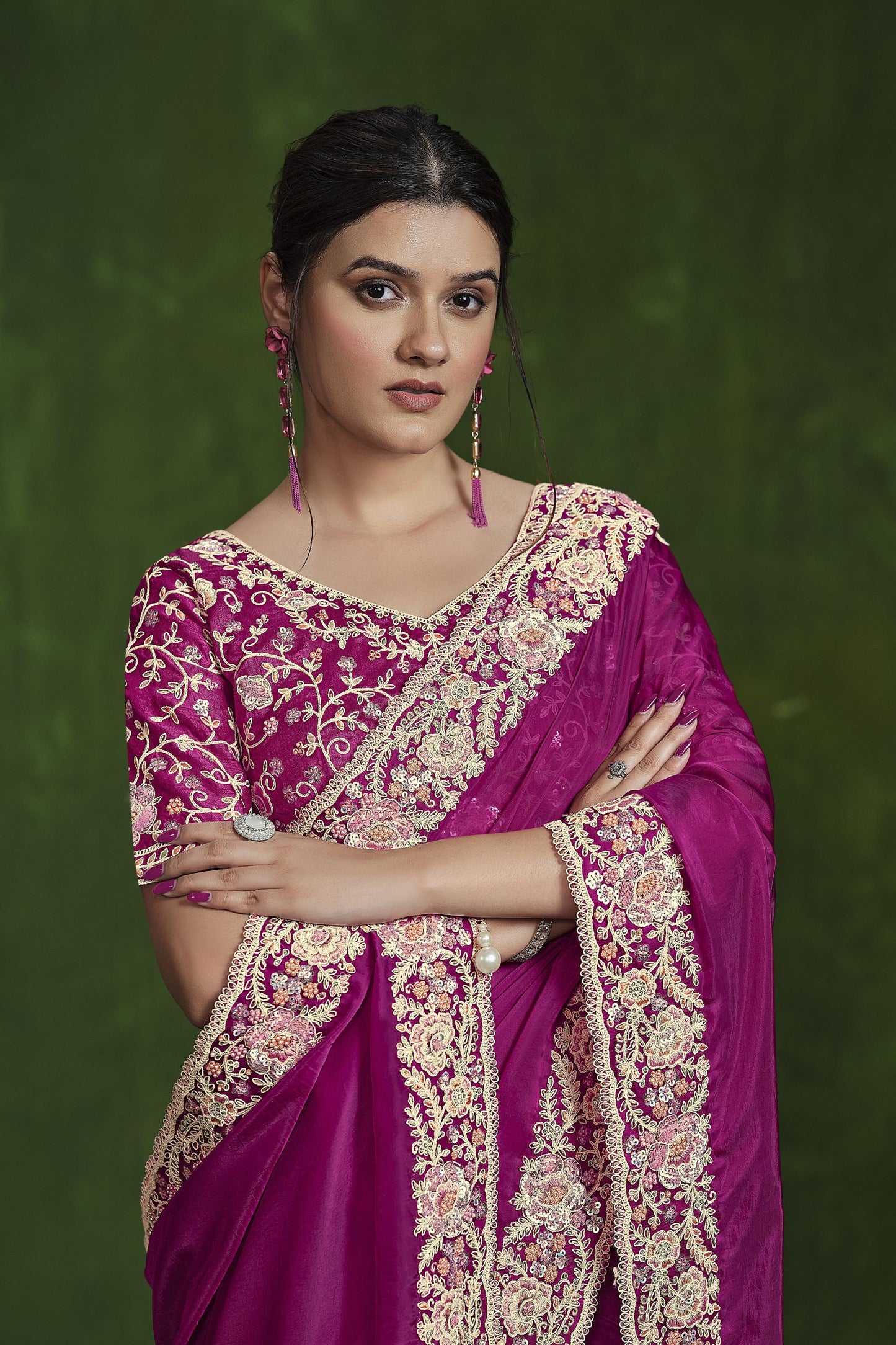 Designer Magenta Silk Saree Heavy Embroidered Border and Blouse