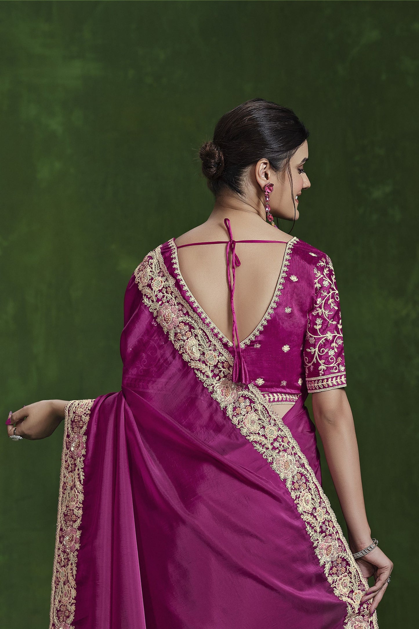 Designer Magenta Silk Saree Heavy Embroidered Border and Blouse