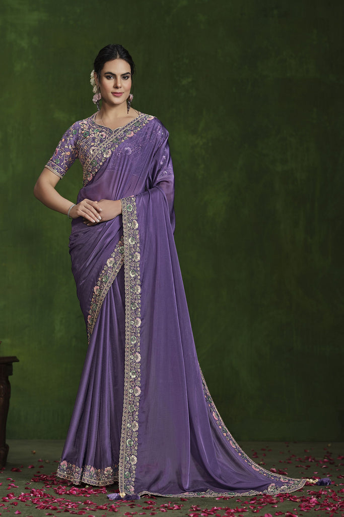 Designer Lavender Silk Saree Embroidered Border Blouse 