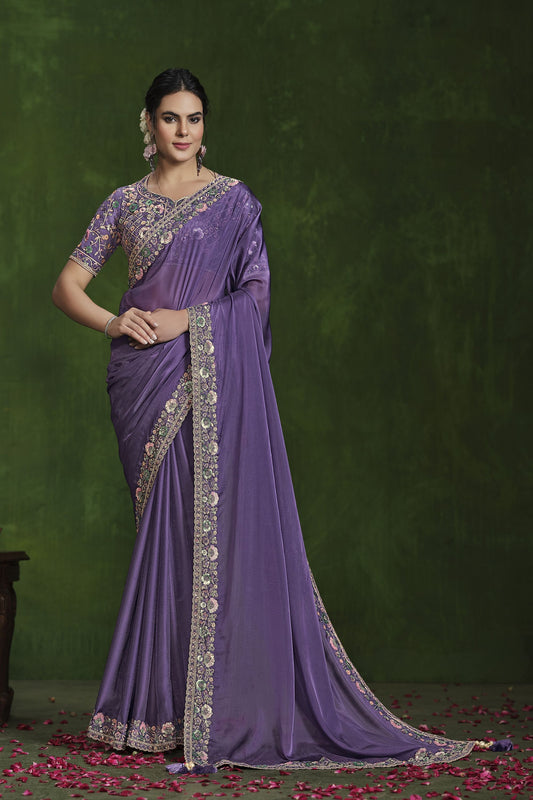 Designer Lavender Silk Saree Embroidered Border Blouse 