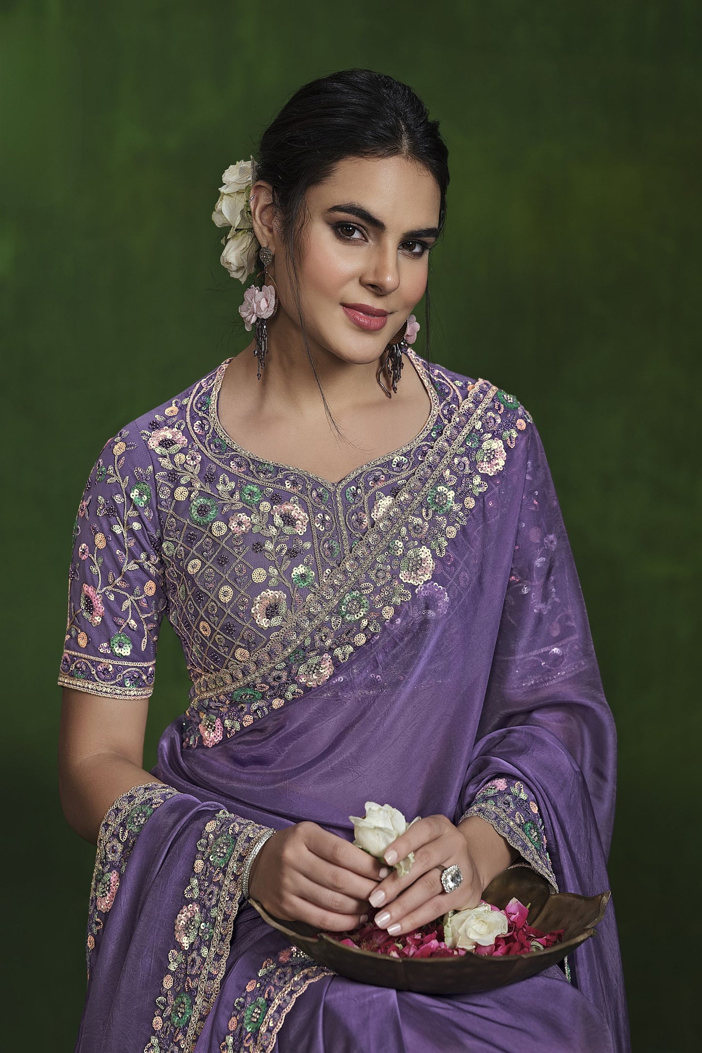 Designer Lavender Silk Saree Embroidered Border Blouse