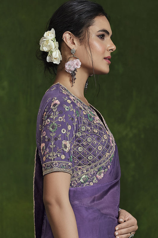 Designer Lavender Silk Saree Embroidered Border Blouse
