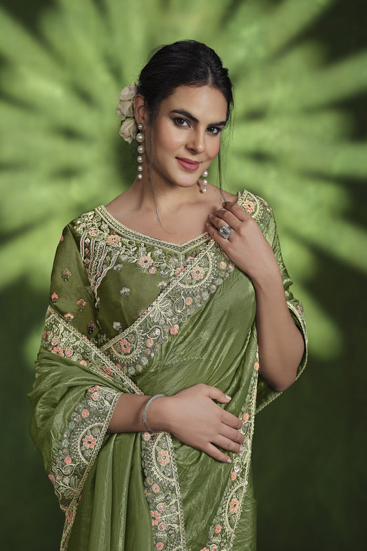 Olive Green Embroidered Silk Saree with Designer Blouse