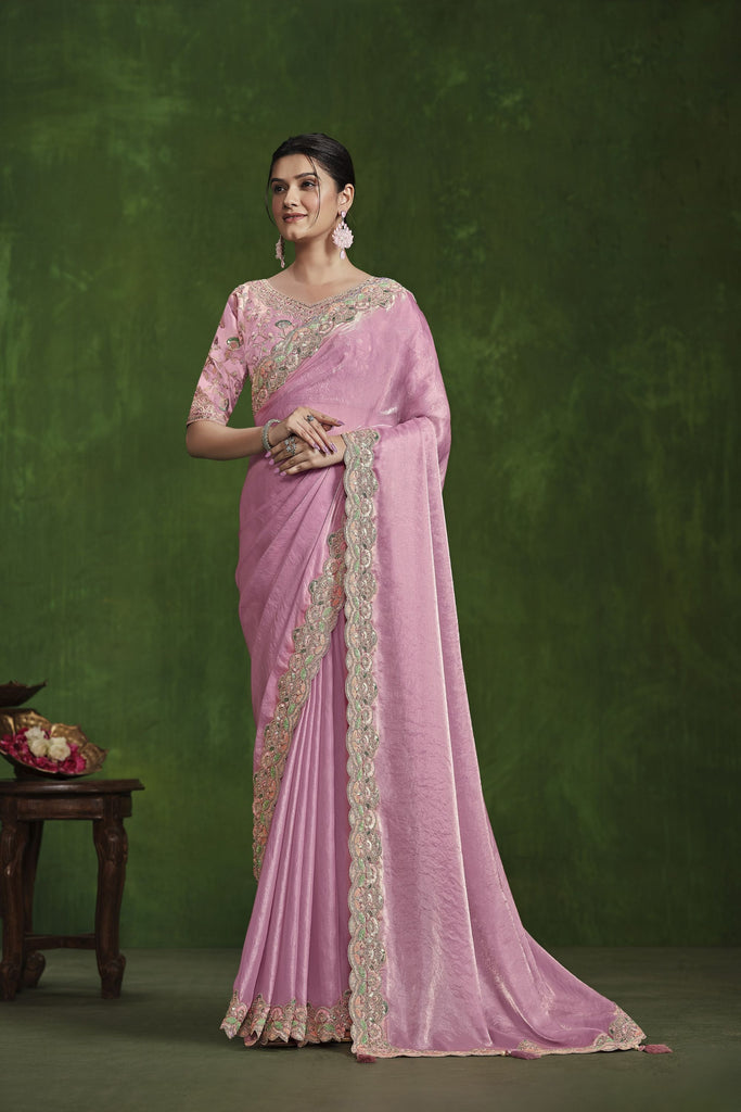 Light Pink Embroidered Silk Saree with Designer Blouse