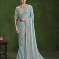  Sky Blue Embroidered Silk Saree with Designer Blouse 