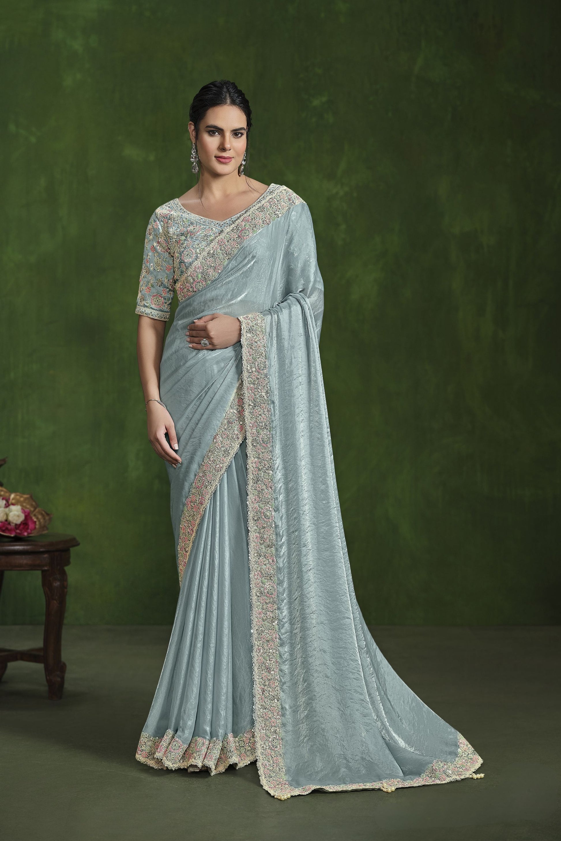  Sky Blue Embroidered Silk Saree with Designer Blouse 