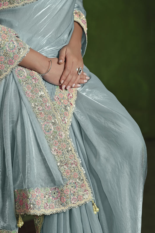 Sky Blue Embroidered Silk Saree with Designer Blouse
