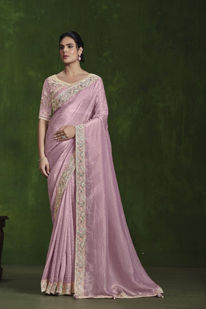 Onion Embroidered Silk Saree with Designer Blouse