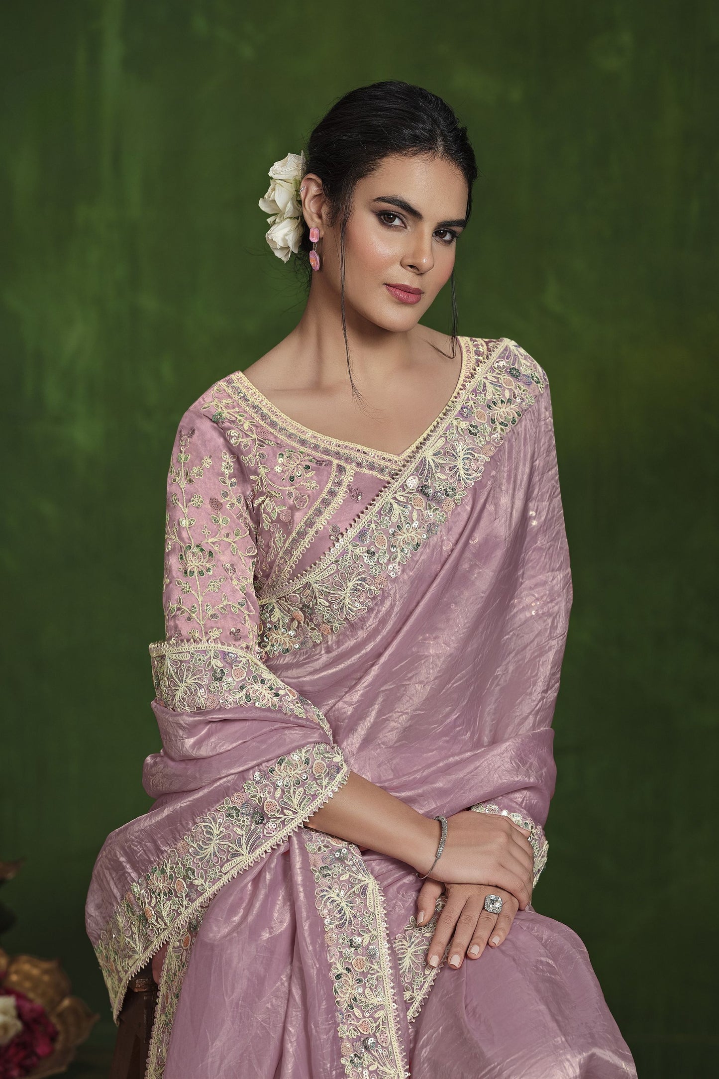 Onion Embroidered Silk Saree with Designer Blouse
