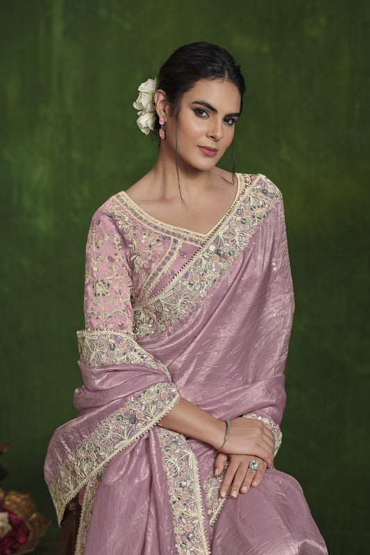 Onion Embroidered Silk Saree with Designer Blouse