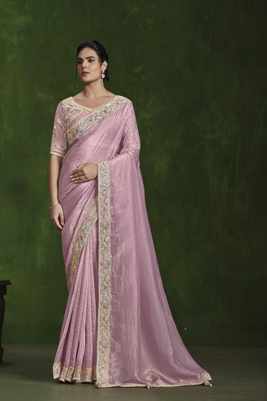 Onion Embroidered Silk Saree with Designer Blouse