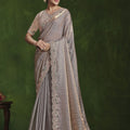 Grey Silk Saree with Embroidered Border and Designer Blouse