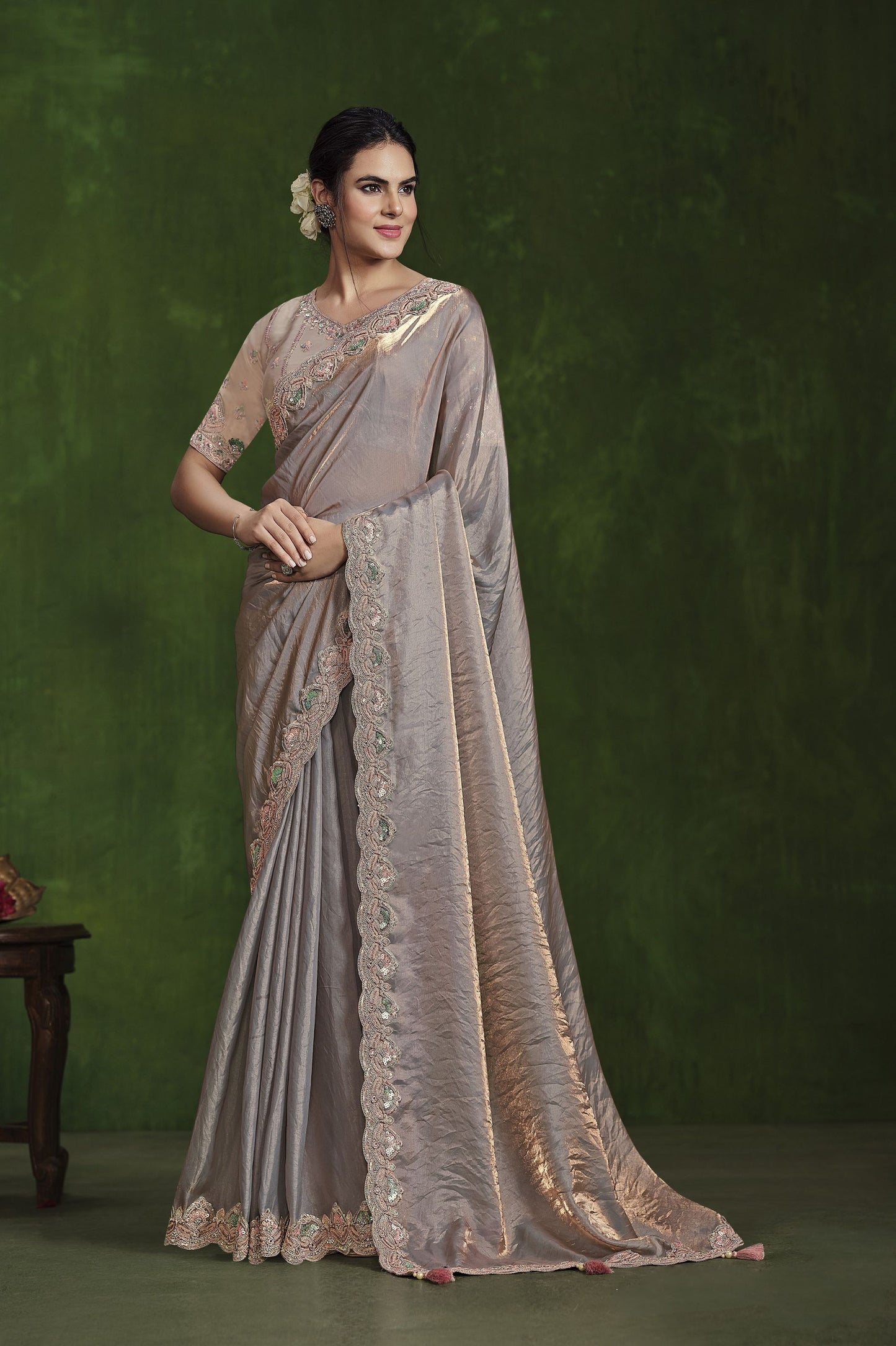 Grey Silk Saree with Embroidered Border and Designer Blouse
