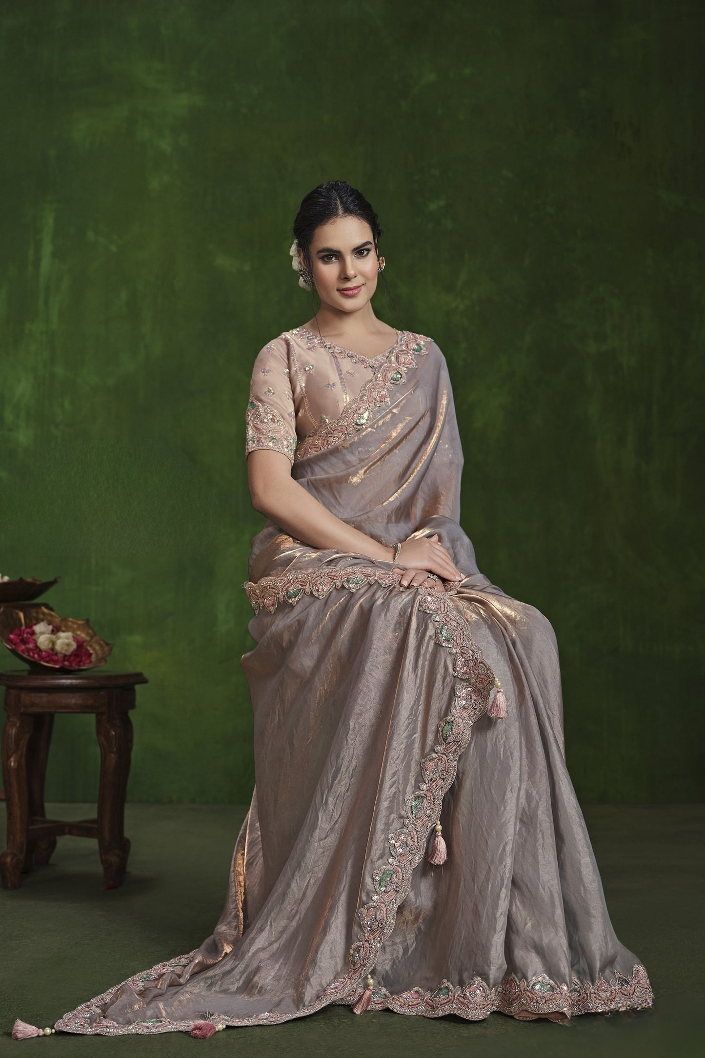 Grey Silk Saree with Embroidered Border and Designer Blouse