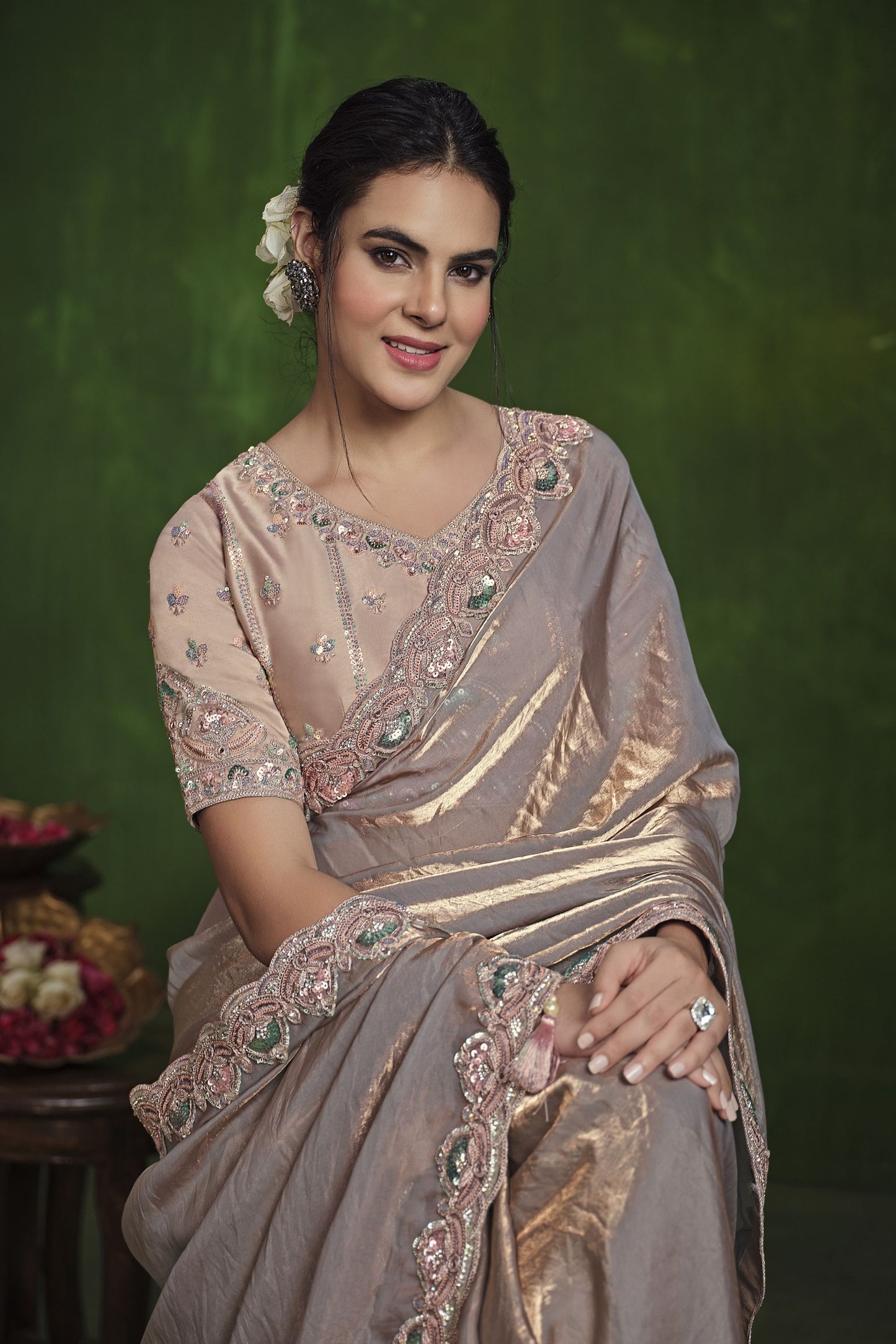Grey Silk Saree with Embroidered Border and Designer Blouse