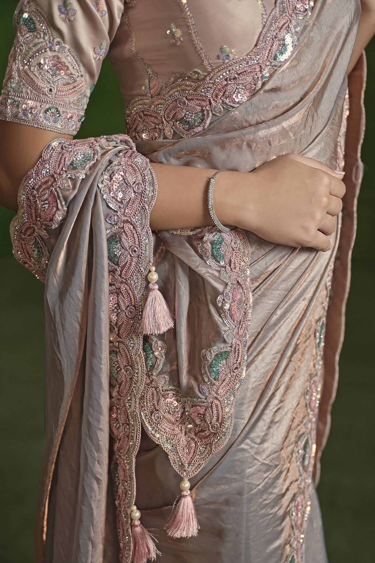 Grey Silk Saree with Embroidered Border and Designer Blouse