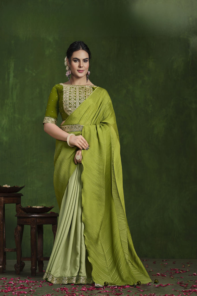  Olive Green Designer Silk Saree with Heavy Embroidered Blouse