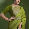 Olive Green Designer Silk Saree with Heavy Embroidered Blouse