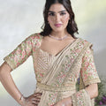 Designer Beige Embroidered Silk Saree Handwork Blouse Festive Wear