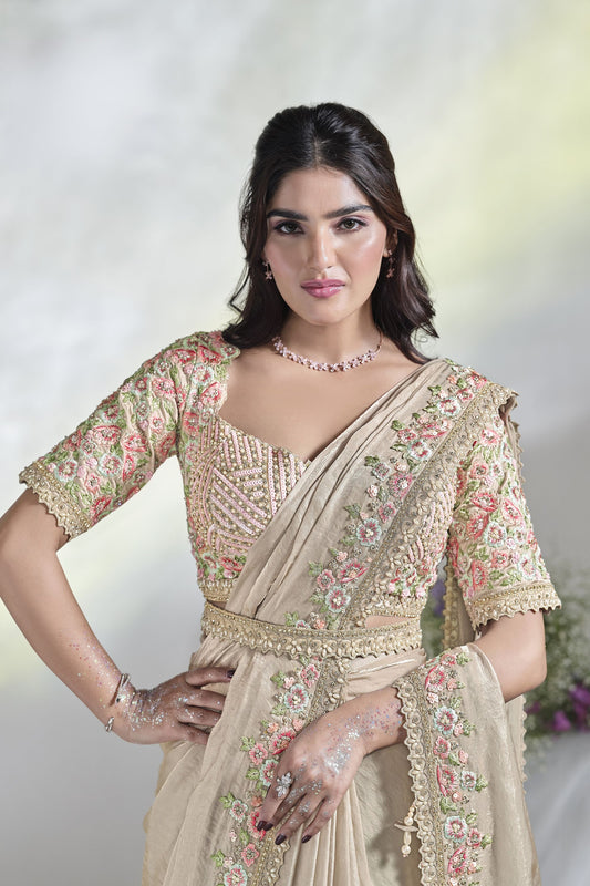 Designer Beige Embroidered Silk Saree Handwork Blouse Festive Wear