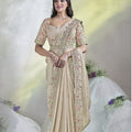 Designer Beige Embroidered Silk Saree Handwork Blouse Festive Wear