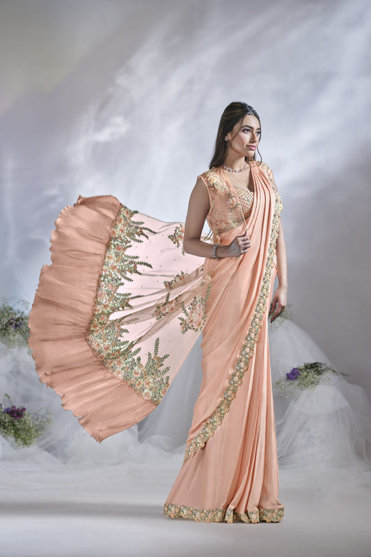 Peach Embroidered Georgette Saree Handwork Designer Blouse