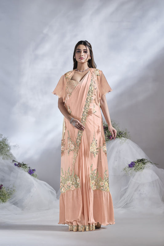 Peach Embroidered Georgette Saree Handwork Designer Blouse