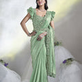  Mint Green Georgette Saree with Designer Ruffle Sleeve Blouse
