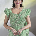 Mint Green Georgette Saree with Designer Ruffle Sleeve Blouse