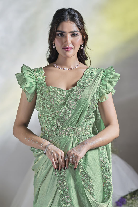 Mint Green Georgette Saree with Designer Ruffle Sleeve Blouse