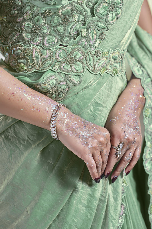 Mint Green Georgette Saree with Designer Ruffle Sleeve Blouse