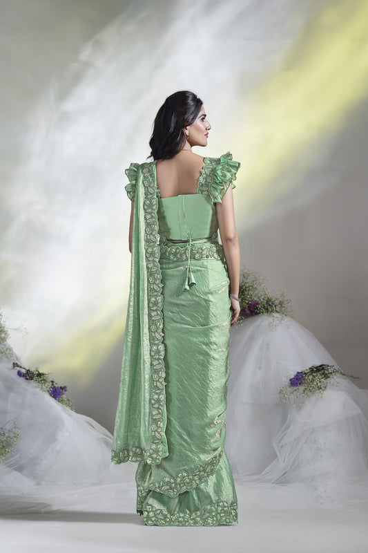 Mint Green Georgette Saree with Designer Ruffle Sleeve Blouse