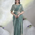 Designer Sage Green Crêpe Satin Silk Saree with Heavy Embroidered Blouse 