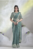 Designer Sage Green Crêpe Satin Silk Saree with Heavy Embroidered Blouse 