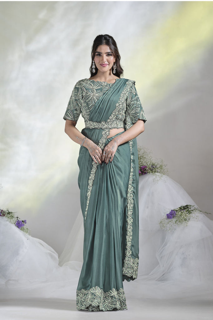 Designer Sage Green Crêpe Satin Silk Saree with Heavy Embroidered Blouse 