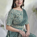 Designer Sage Green Crêpe Satin Silk Saree with Heavy Embroidered Blouse