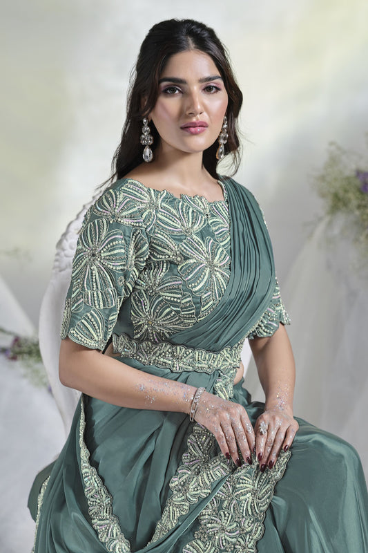 Designer Sage Green Crêpe Satin Silk Saree with Heavy Embroidered Blouse