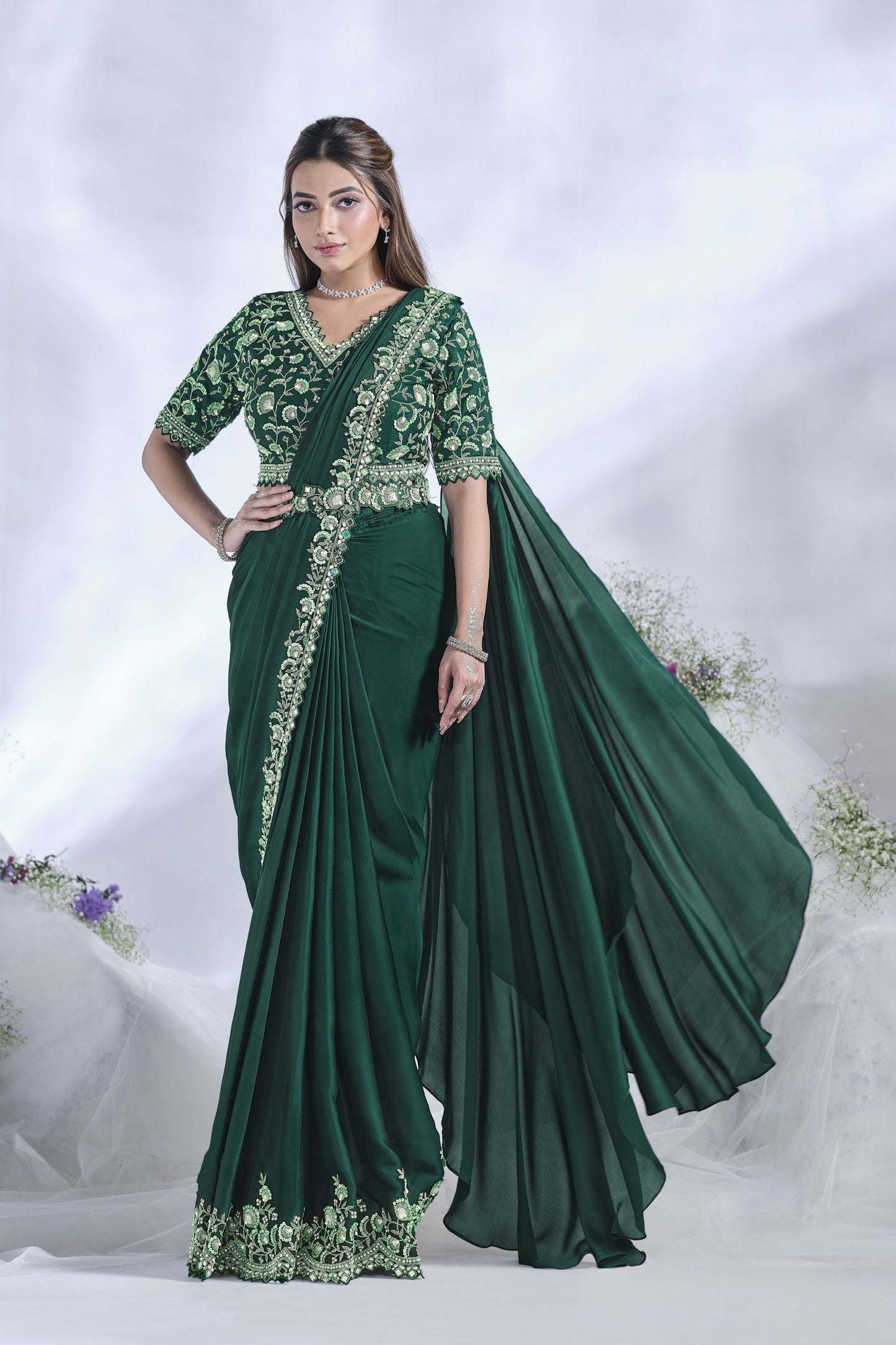 Designer Green Georgette Saree with Heavy Blouse Party Wear