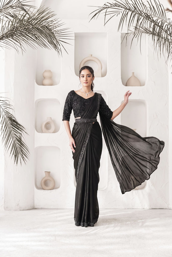 Elegant Black Satin Silk Designer Saree Khatli Work for Party Wear