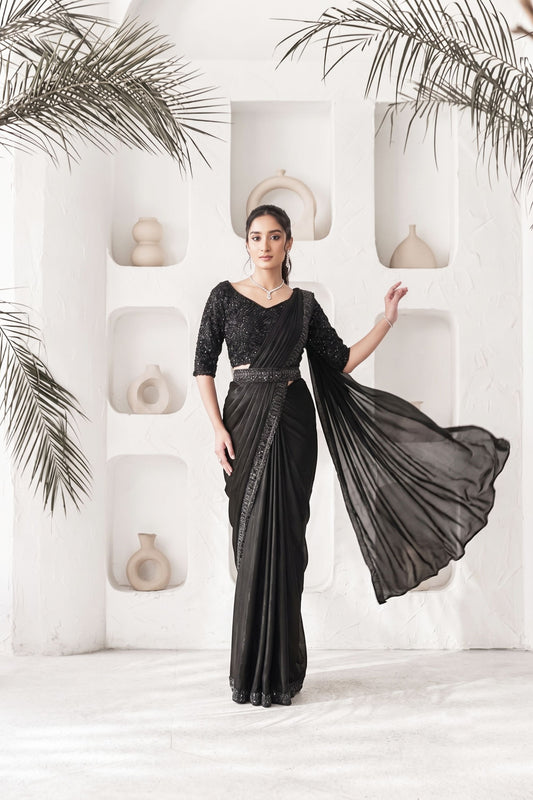 Elegant Black Satin Silk Designer Saree Khatli Work for Party Wear