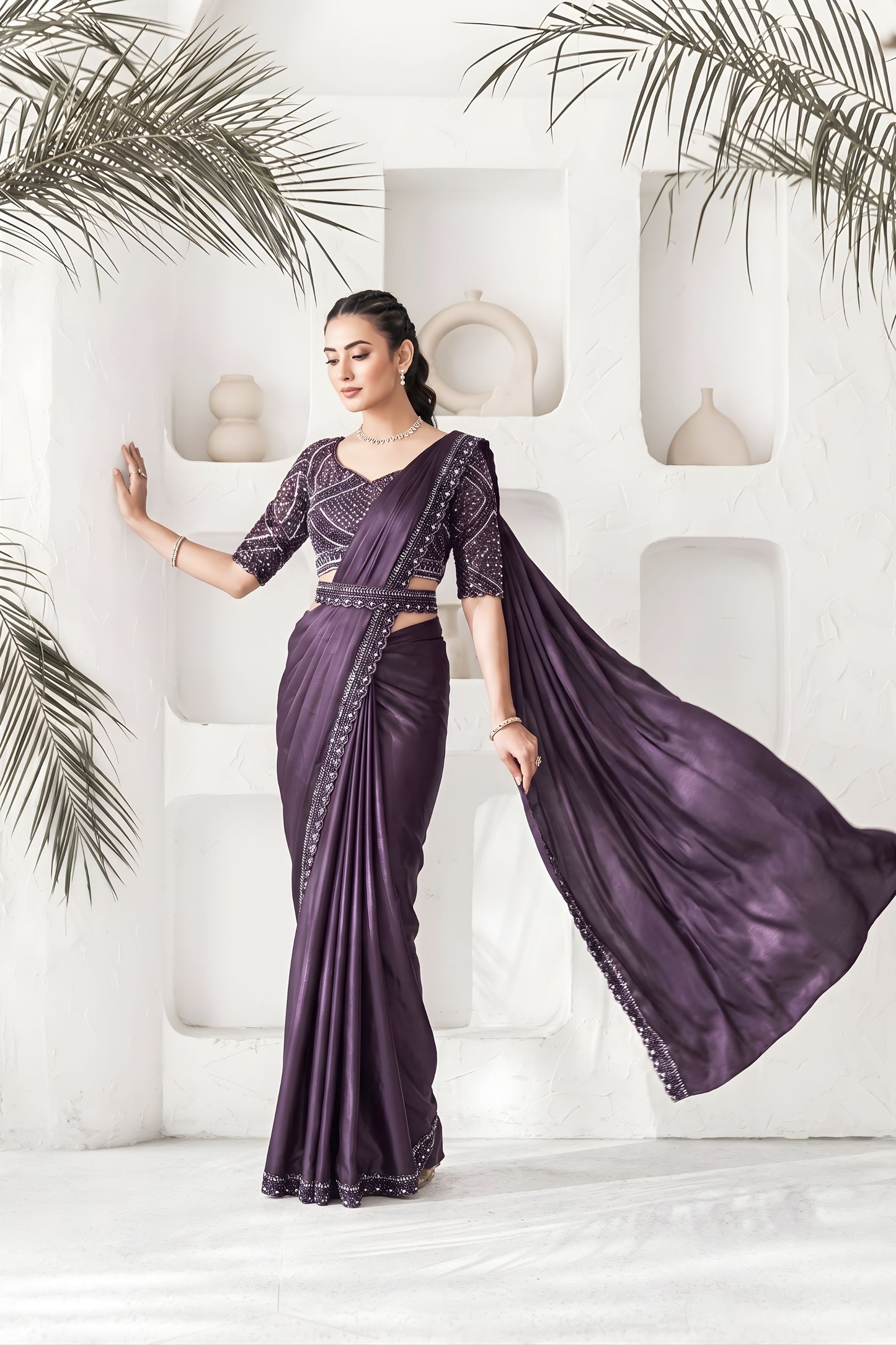 Gracefull Wine Satin Silk Designer Saree Khatli Work for Party Wear