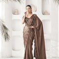 Stylish Coffee Brown Satin Silk Saree Khatli Work for Wedding
