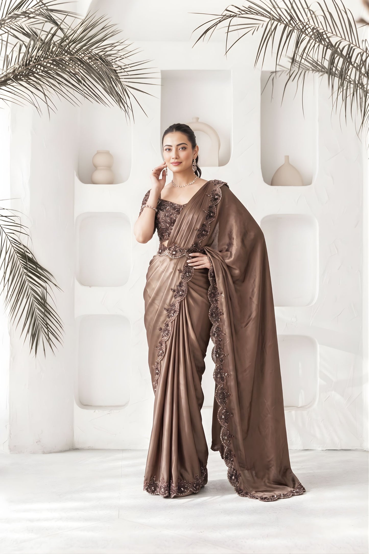 Stylish Coffee Brown Satin Silk Saree Khatli Work for Wedding